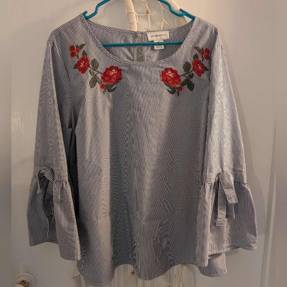 Liz Claiborne Striped Floral Embroidered Summer Women's Top